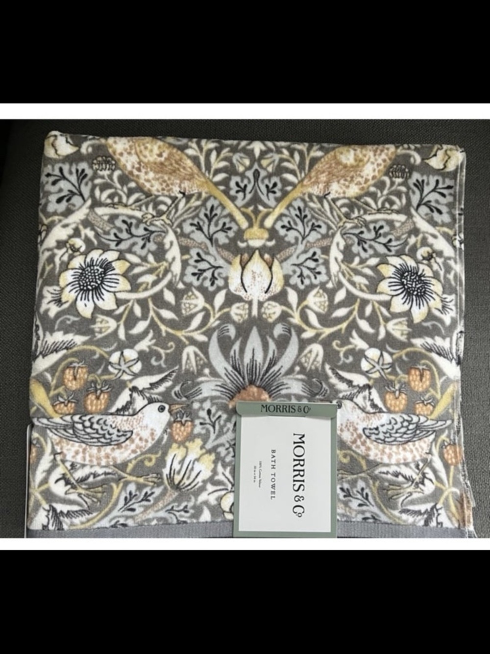 William Morris Co Bath Towels Strawberry Thief Grey Velour 2 Pc Set NEW - Picture 2 of 4
